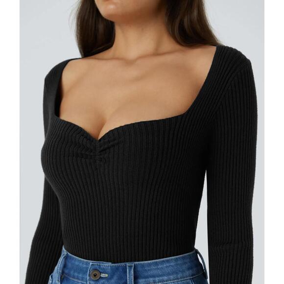 NWT Halara Sweetheart Neck Long Sleeve Slim Casual Sweater Black M - Picture 7 of 10